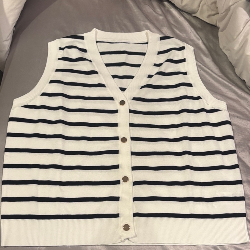 SHEIN Black and White Striped V-Neck Sweater Vest